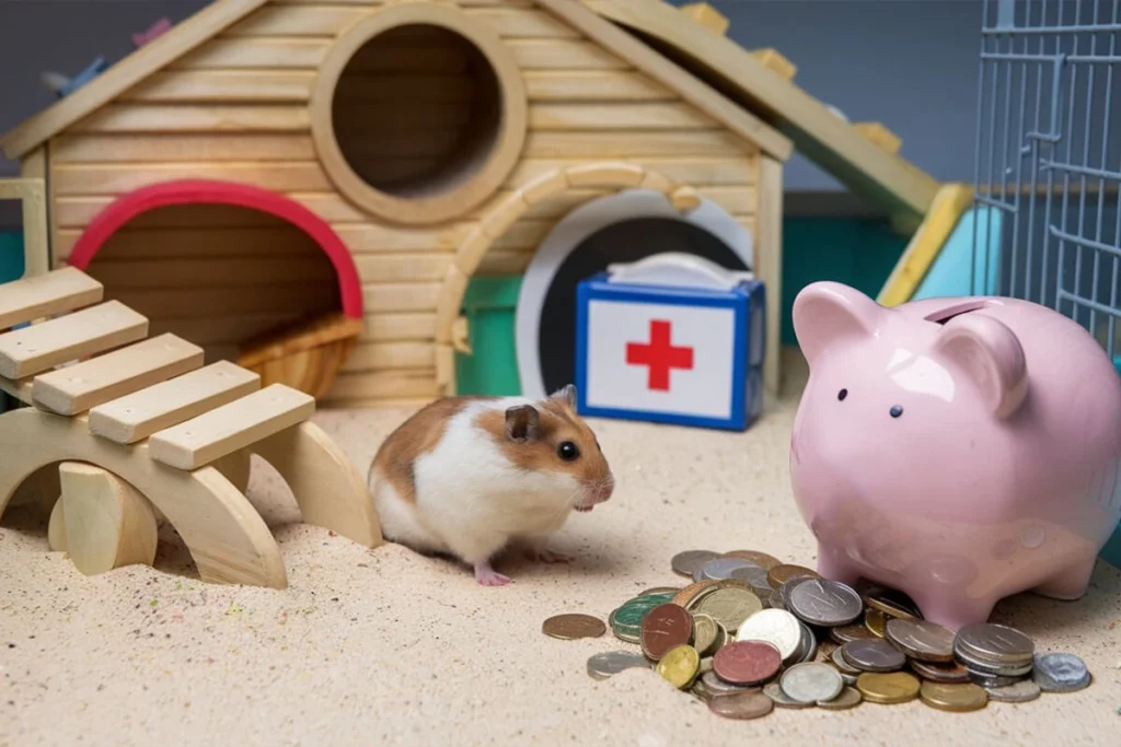 Hamster with piggy bank and coins