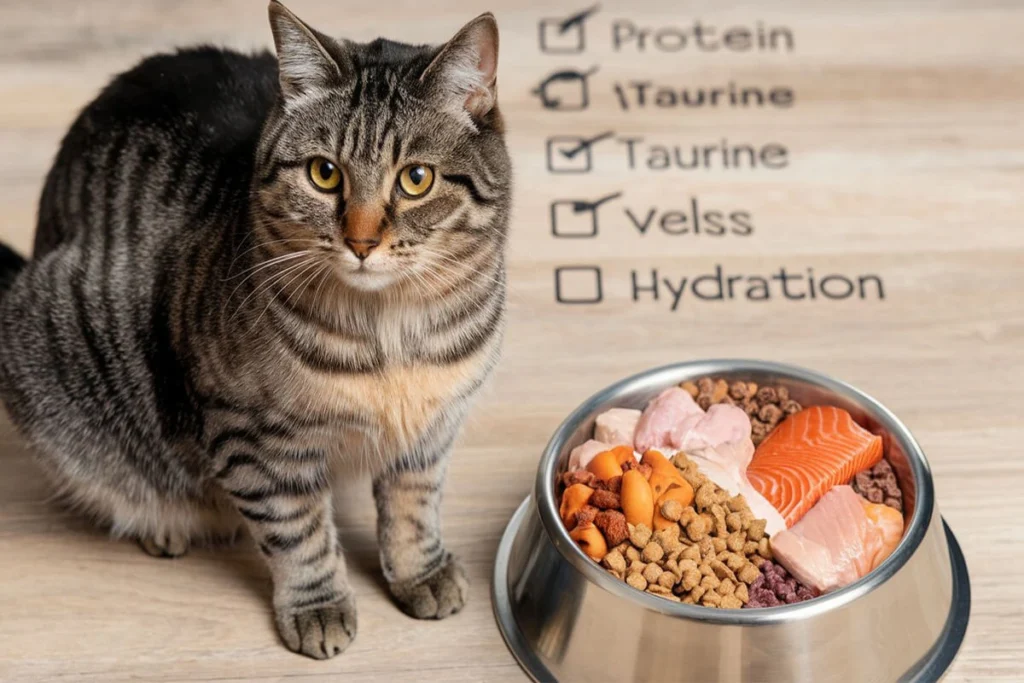 Cat standing next to a bowl of cat food with checklist for a healthy diet, with no Cheese to eat