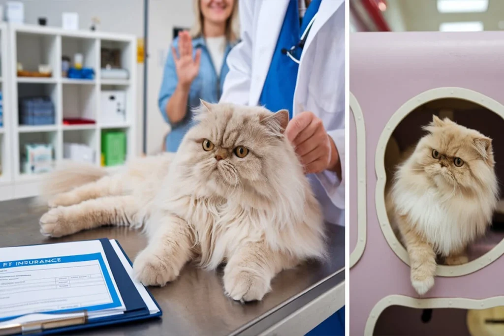 A collage with one Persian cat laying at the vet and a similar looking cat inside a cat home.