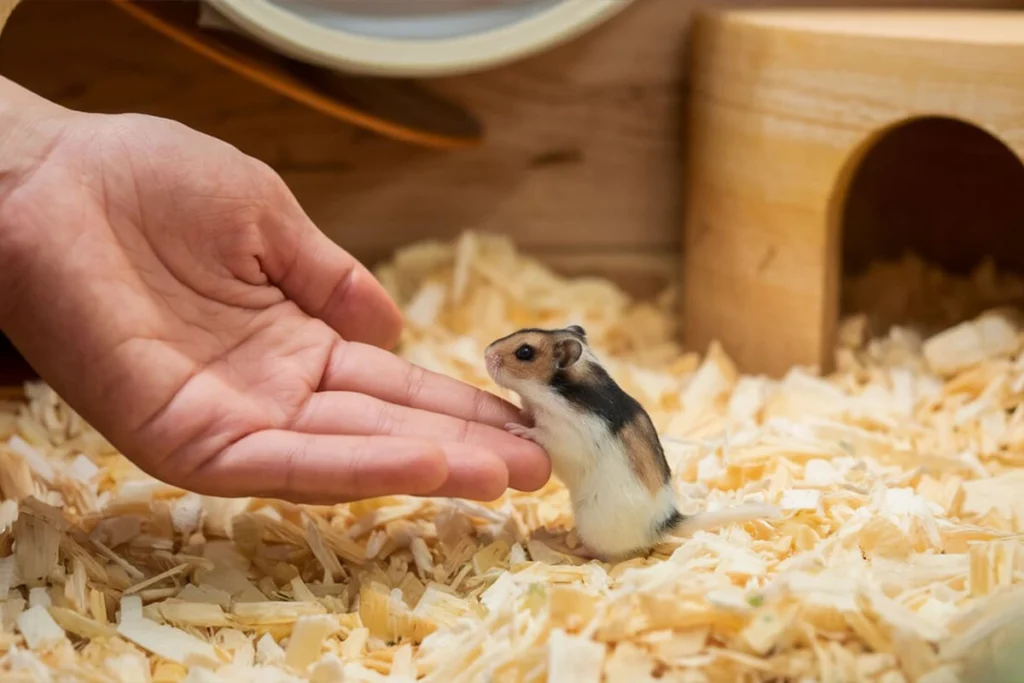 A brown and white Small Pet approaching a human hand.