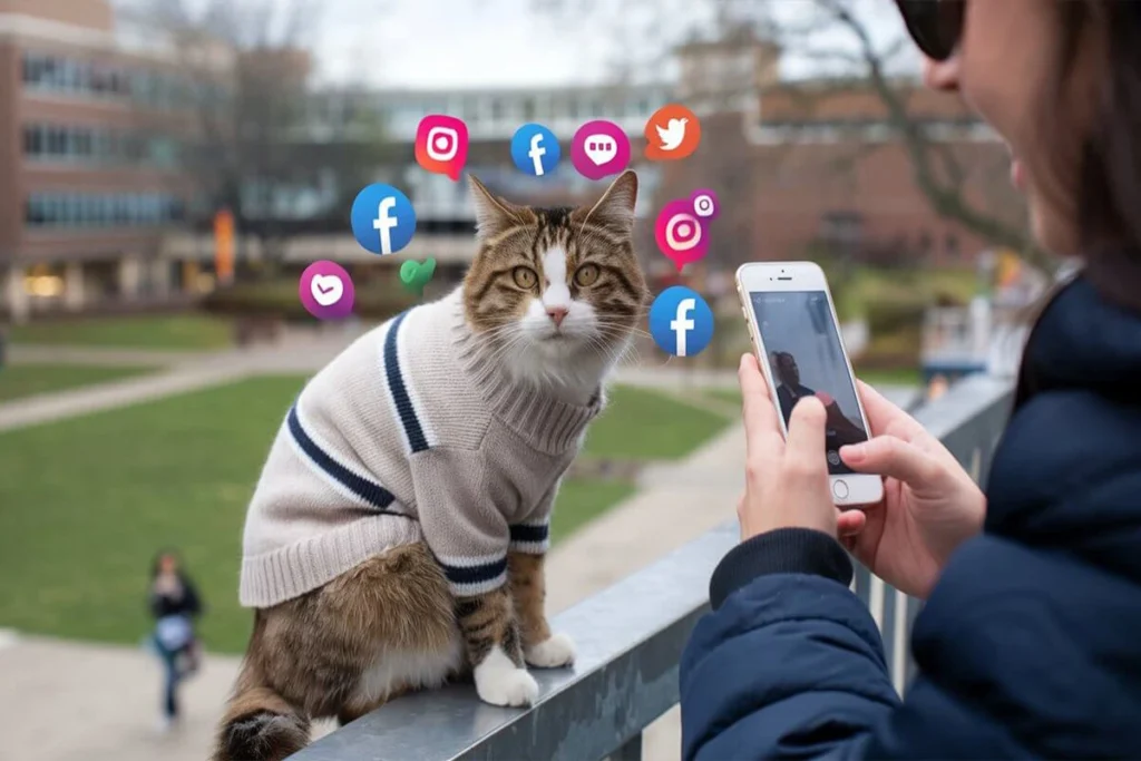 A Furry Lovable Feline wearing a sweater is photographed with social media icons floating around it, while a person takes a picture with their phone.