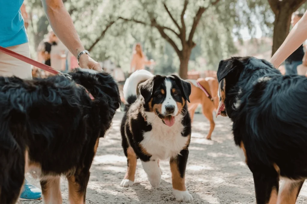 Three Greater Swiss Mountain Dogs meet at the park, one puppy is among them