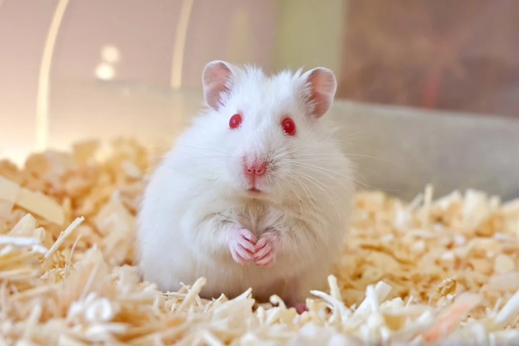 Albino hamster with red eyes.