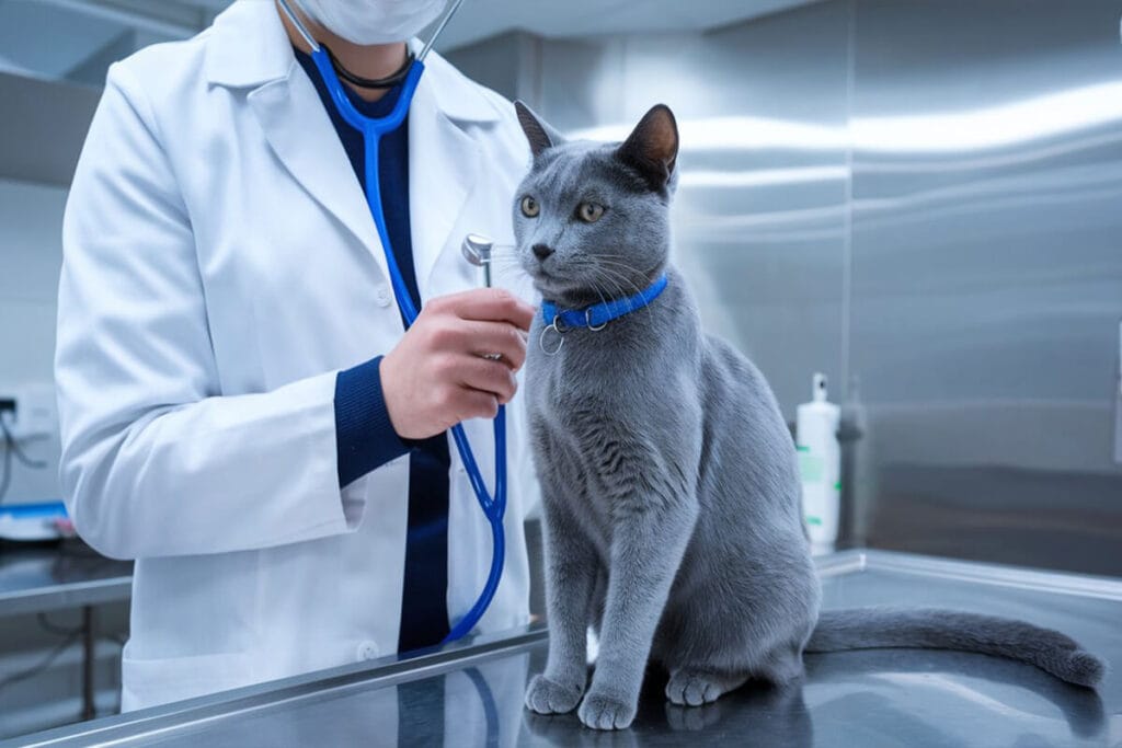  Russian Blue cat at the vet.