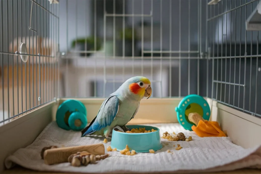 small parrots are Good for spacing and its cage, near toys and food.