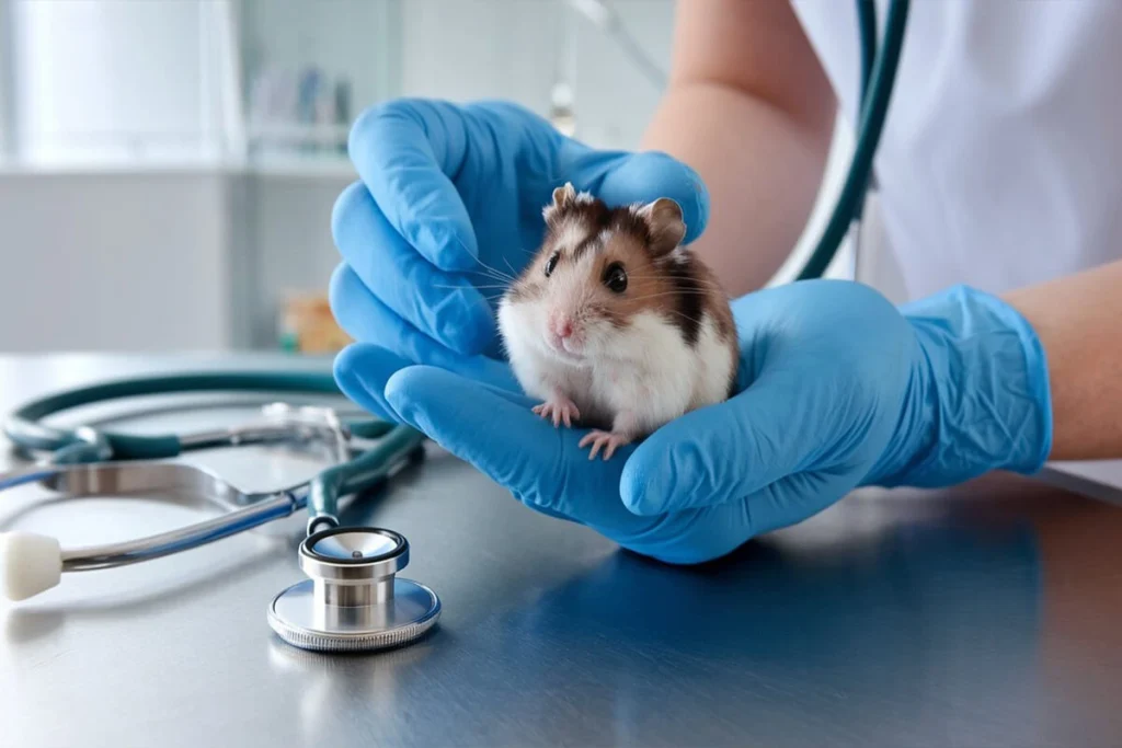 hamster in a vet's hand.