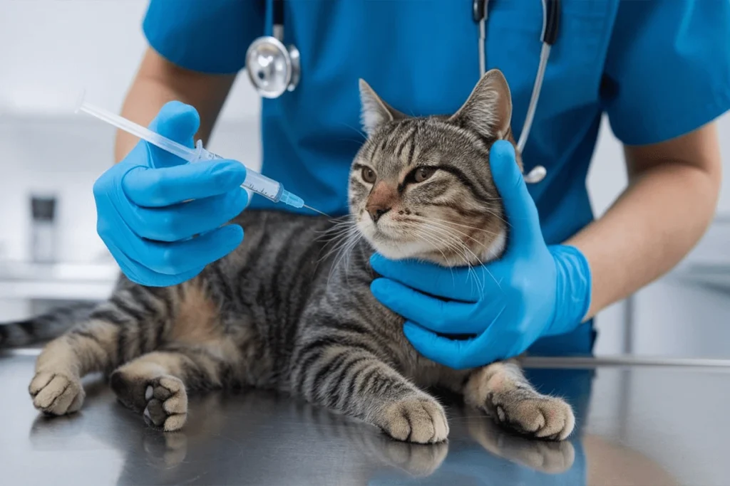 Veterinarian giving a tabby cat a shot