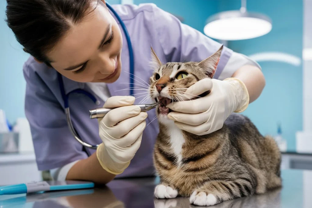 A veterinarian, wearing gloves, is inspecting a tabby cat’s teeth with a dental instrument, suggesting a professional dental checkup.