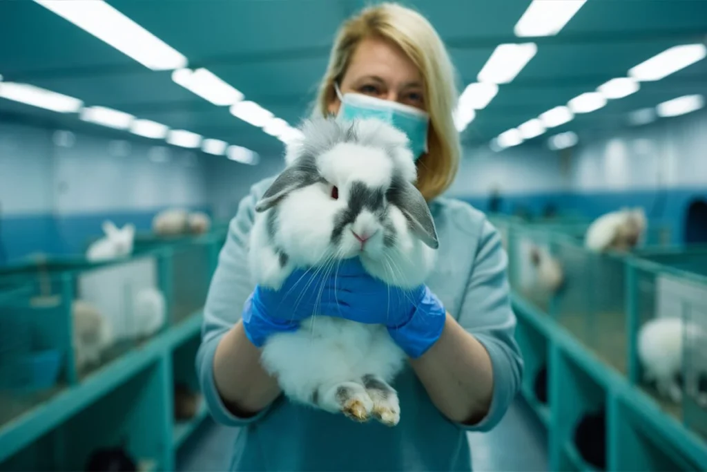  Woman holding a gray and white English Angora rabbit in a rabbitry.