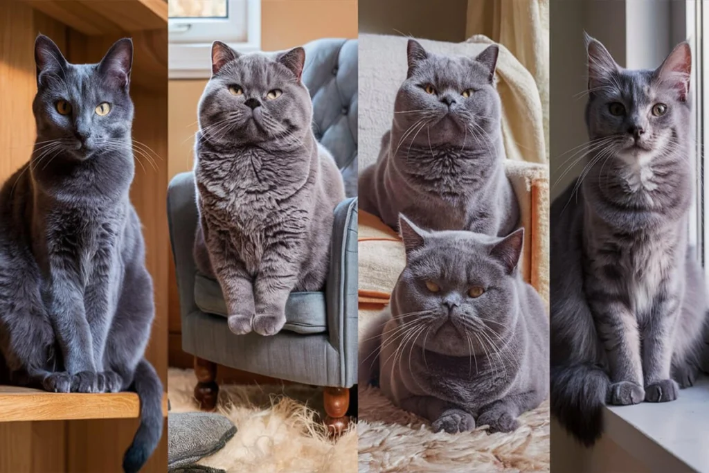 Collage of different Grey cat breeds.