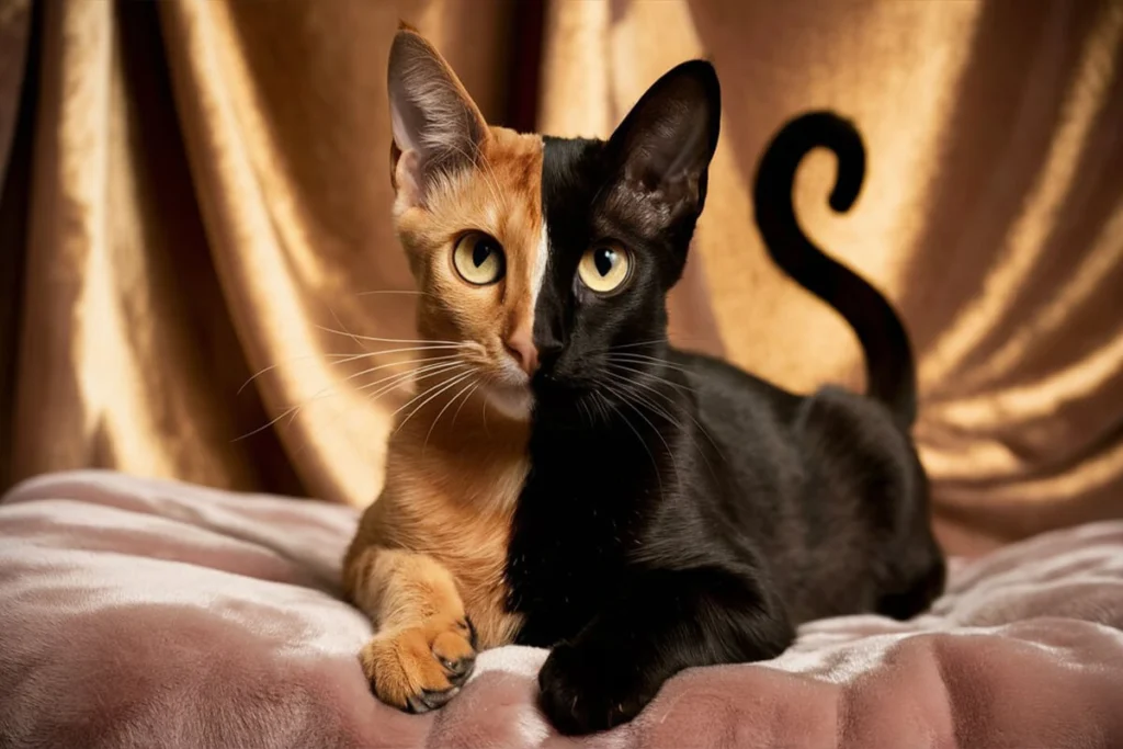 lounging on a pink velvet pillow in front of a golden curtain.