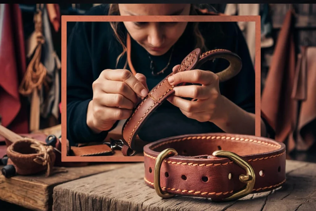 An artist hand-stitching a leather dog collar with a large, finished collar in the foreground.