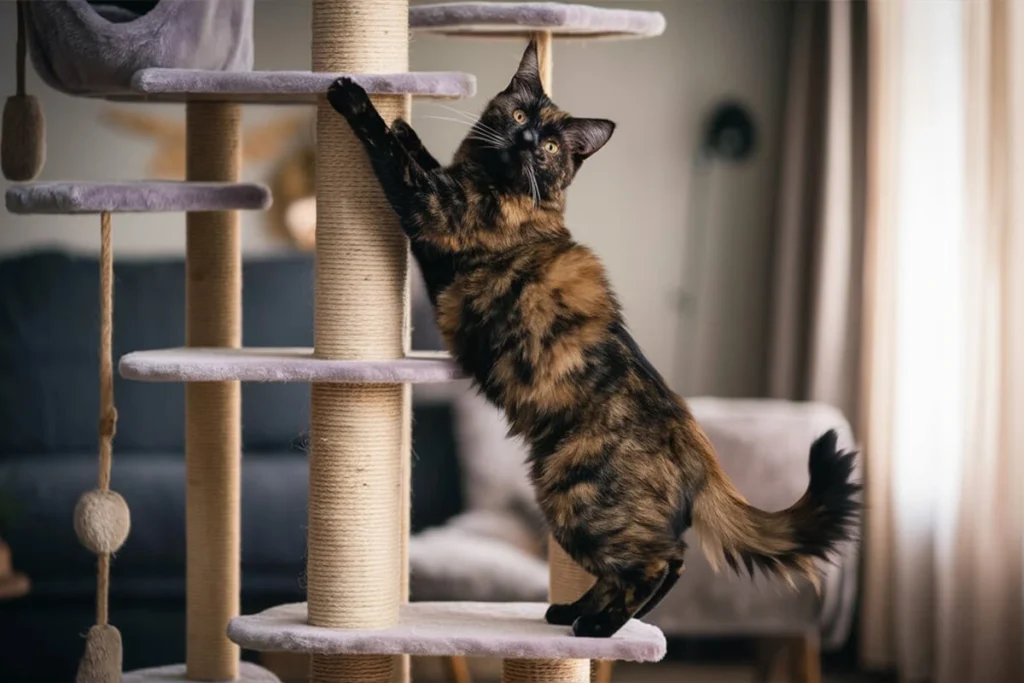 A Lovely Feline climbing a multi-level tree.