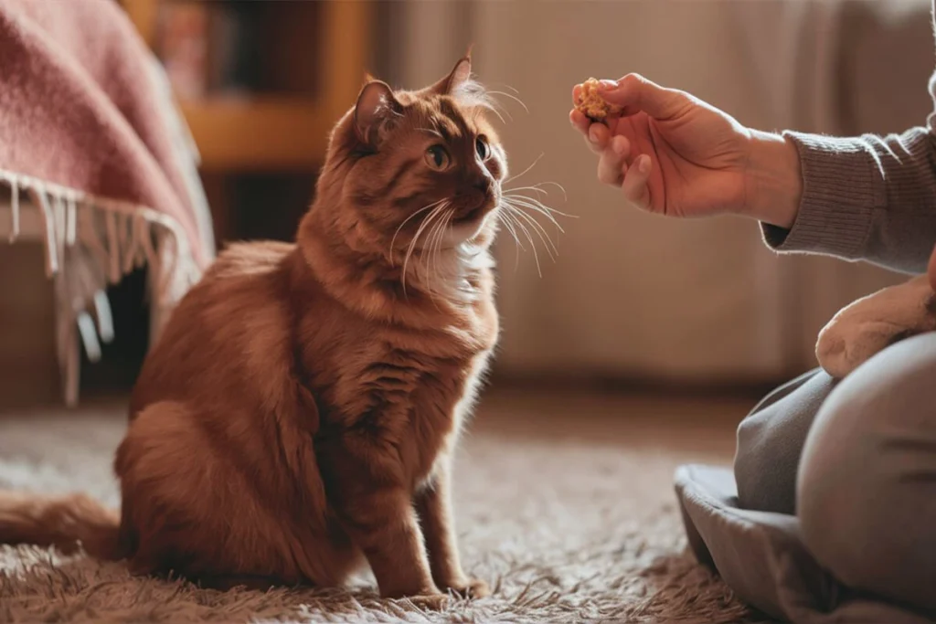 A beautiful Feline being offered a treat.