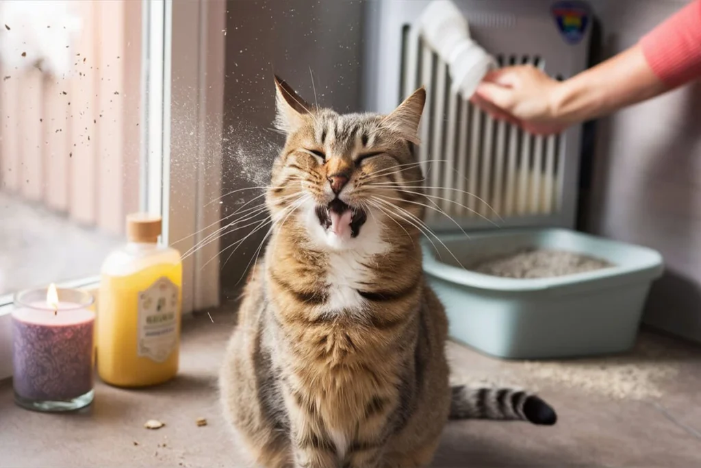 A tabby cat sneezing with its eyes closed, with a person holding a brush and some dust, a litter box, and cleaning supplies in the background, suggesting allergies or a need for cleaning.