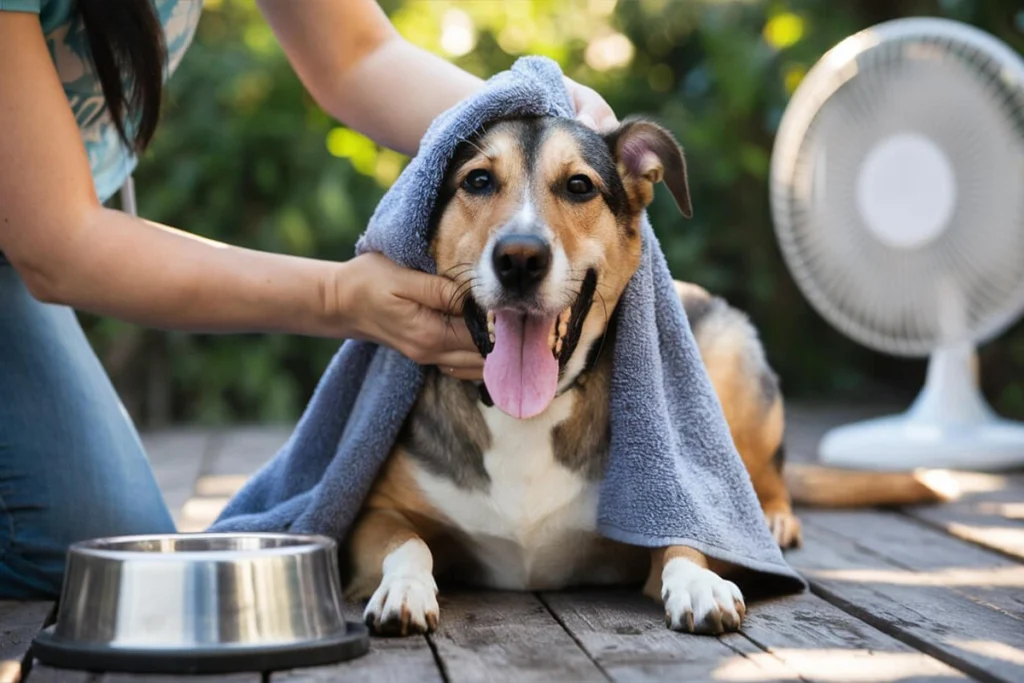 A person gently drying a dog with a towel outdoors, near a bowl of water and a fan.