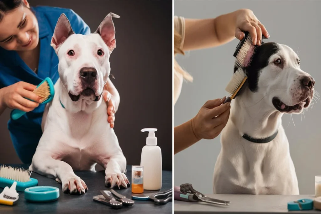 Two photos showing White Pup being groomed.