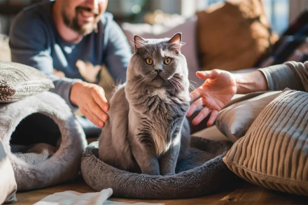 A grey Persian cat sits in his cat bed as his owners reach for him.