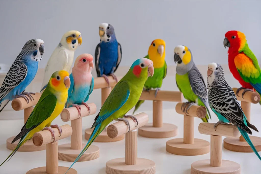  Row of small parrots of varied colors perched on stands.