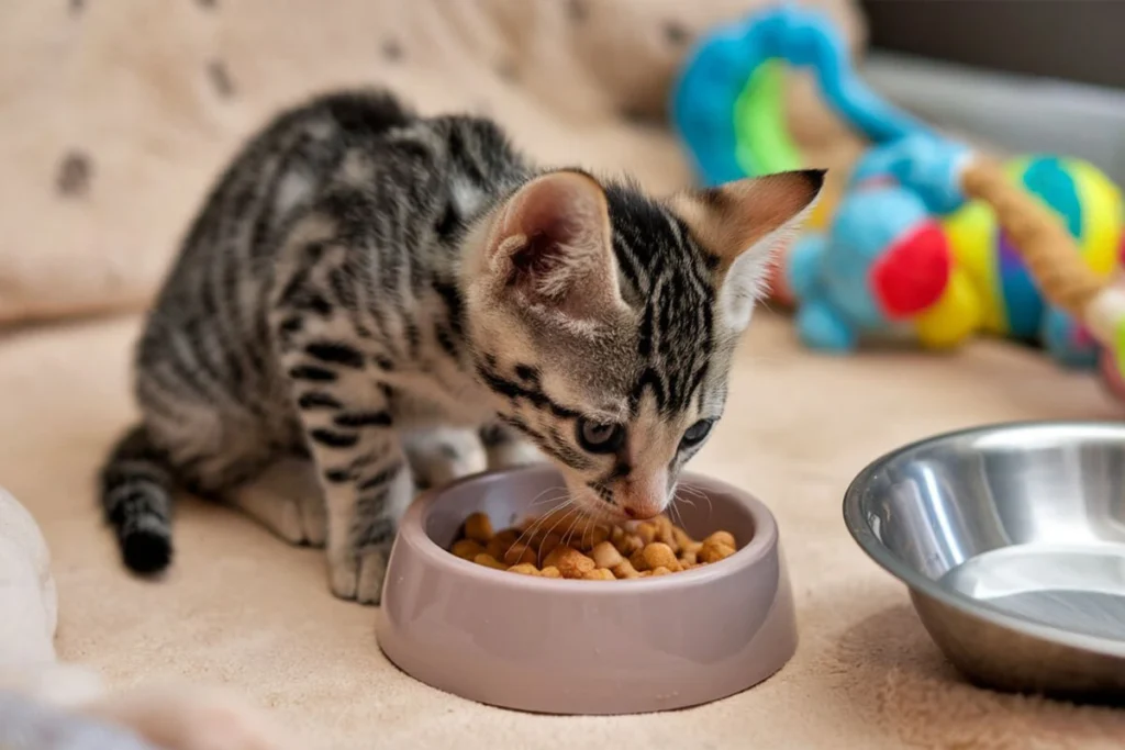  Tabby kitten eating from a bowl of dry food.