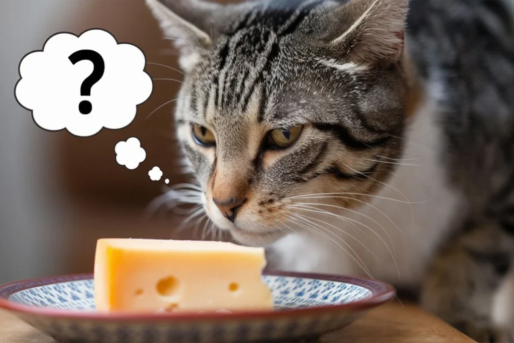 Close-up of a cat looking at a piece of cheese with a question mark in a thought bubble, Can Cats Eat Cheese