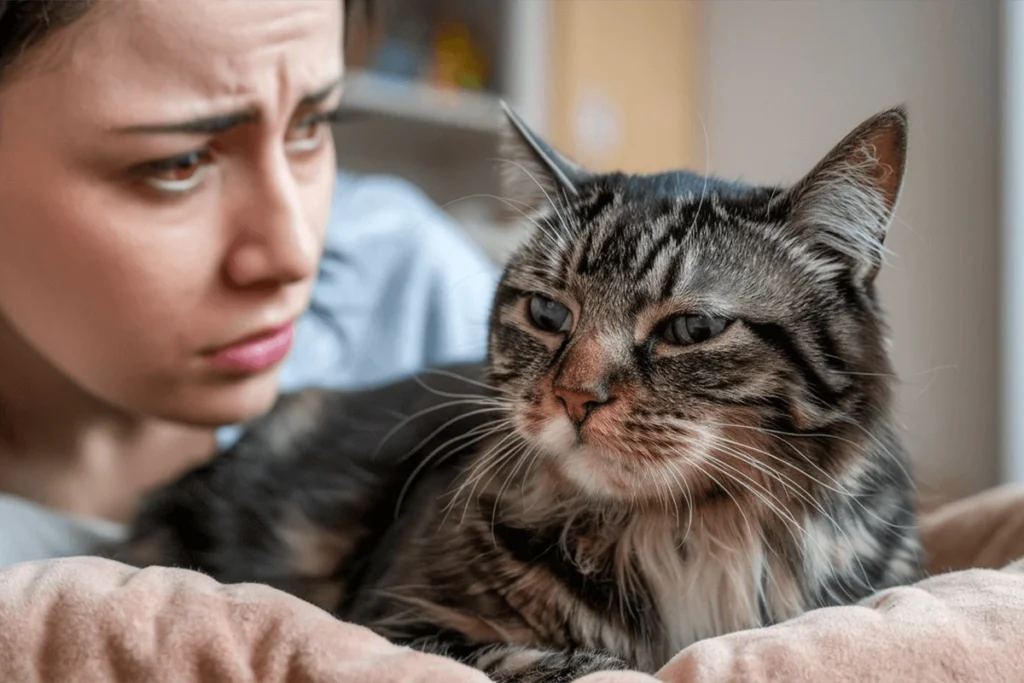 Tabby cat sitting in a bed looking forward with a woman looking at the cat