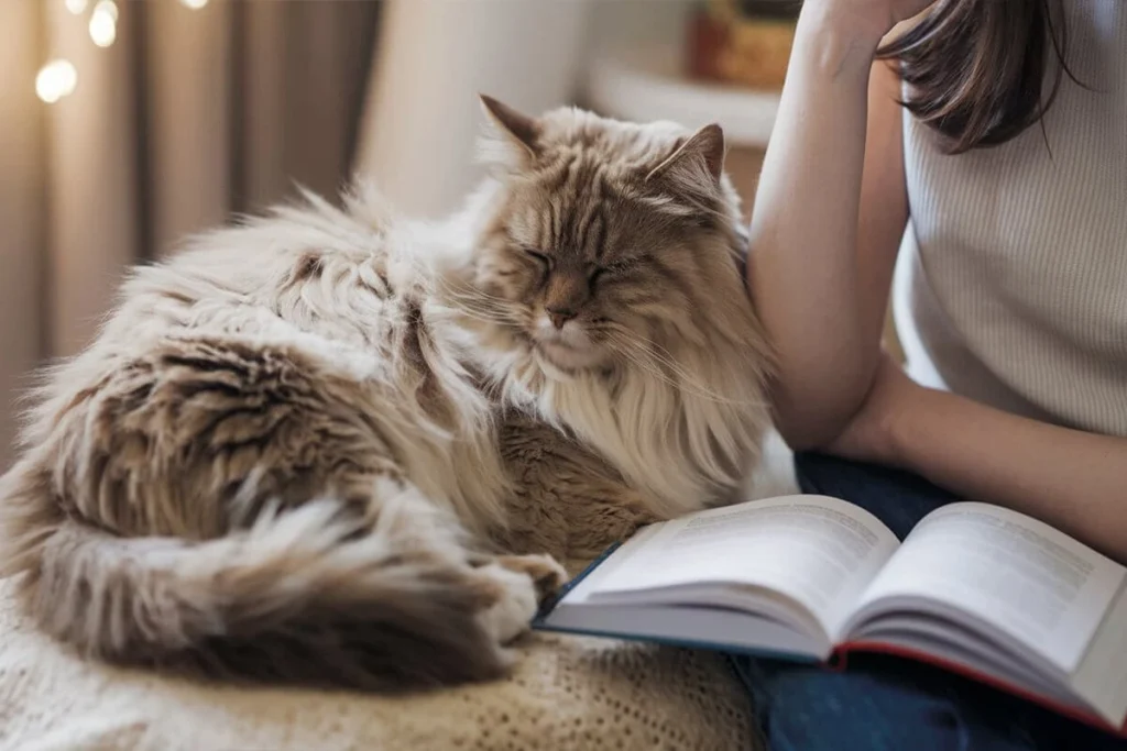 A tan fluffy Friend sleeping next to a book and a woman in front of some lights