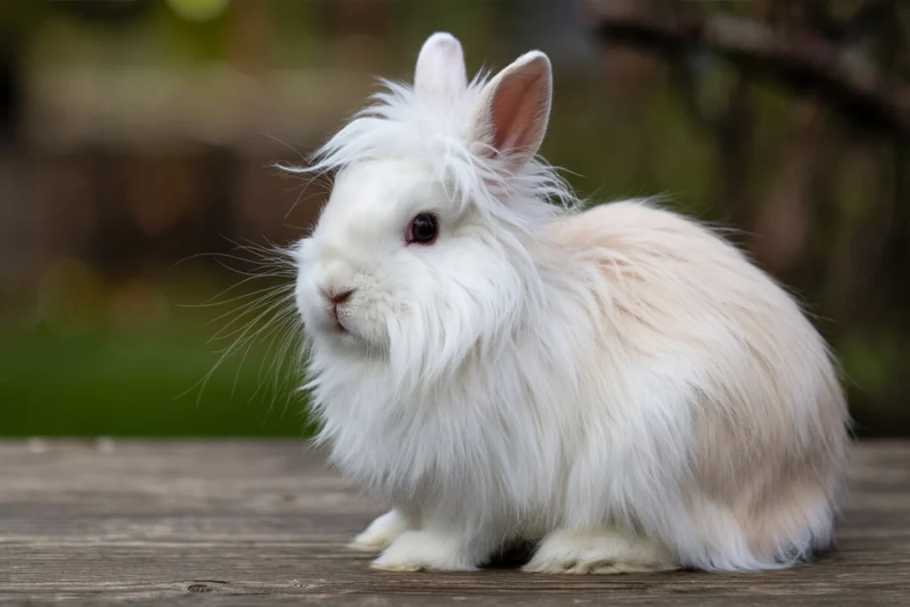 Side view of a Rabbit sitting on a wooden surface.