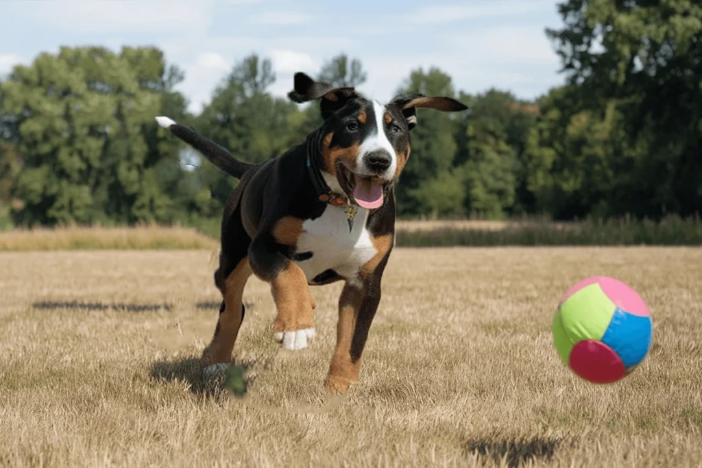 Playful pup running towards a ball in a field.