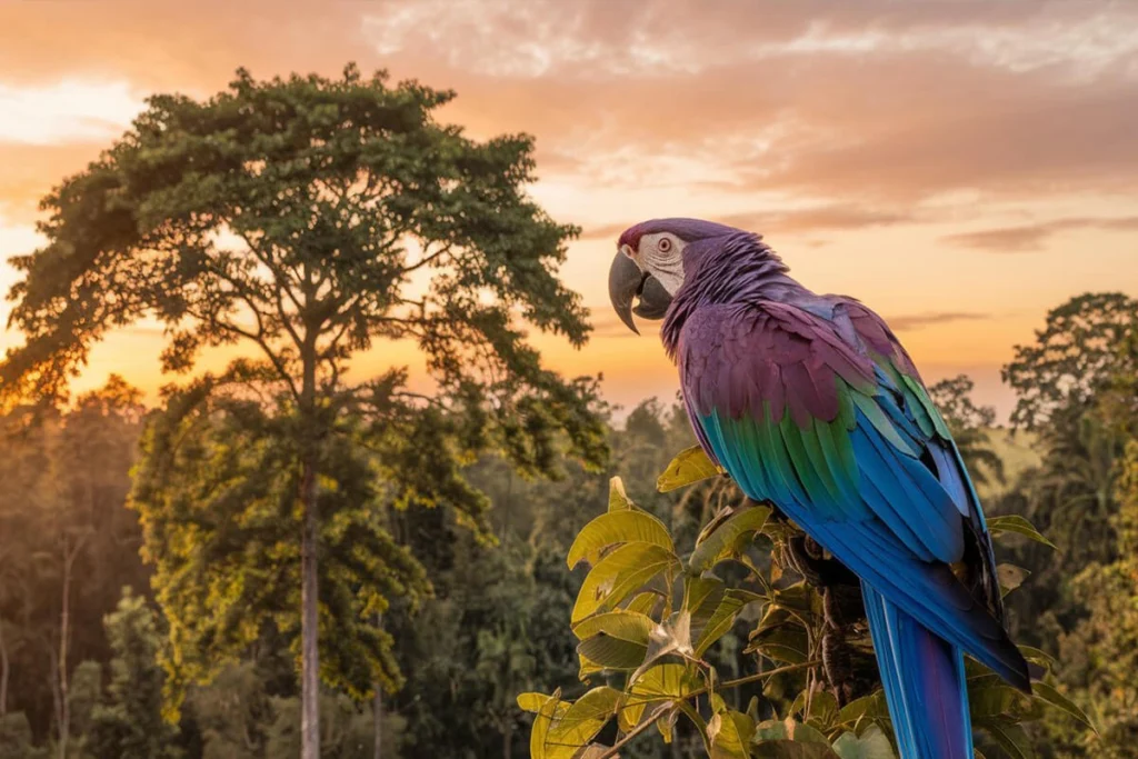  A parrot with purple and blue feathers perched on a tree, overlooking a forest at sunset.