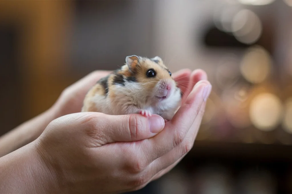 Chinese dwarf hamster being held gently.