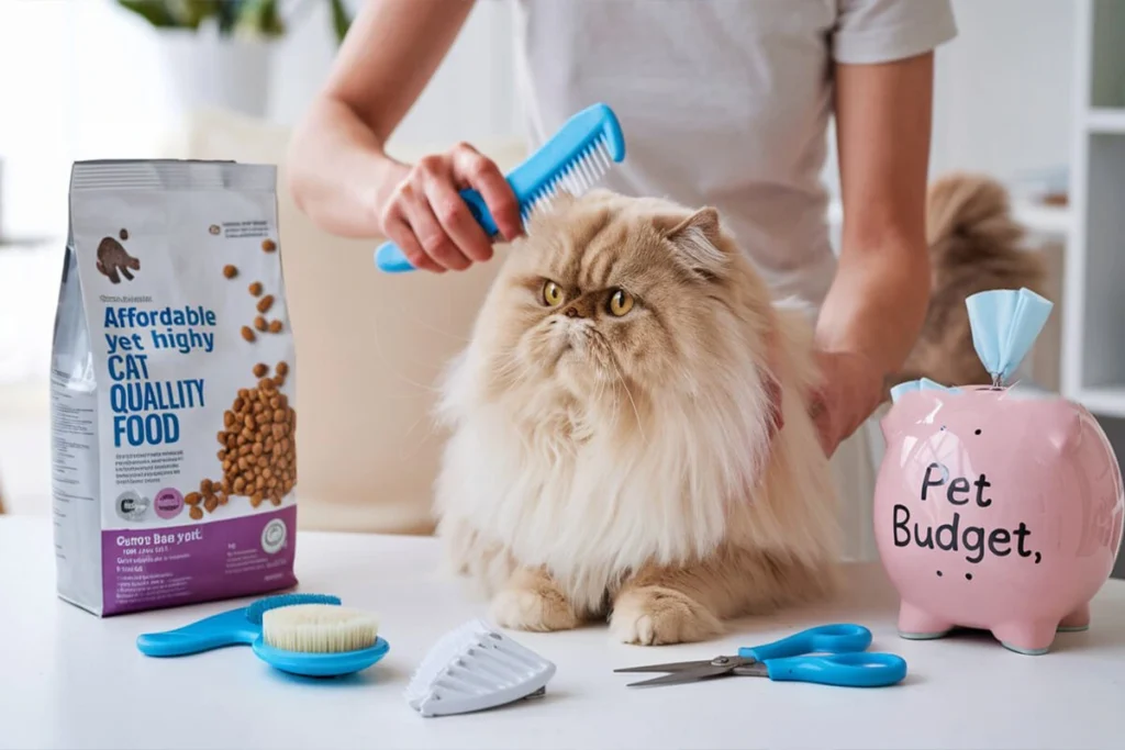  Woman brushing a Persian cat next to cat food and a piggy bank labeled "Pet Budget."