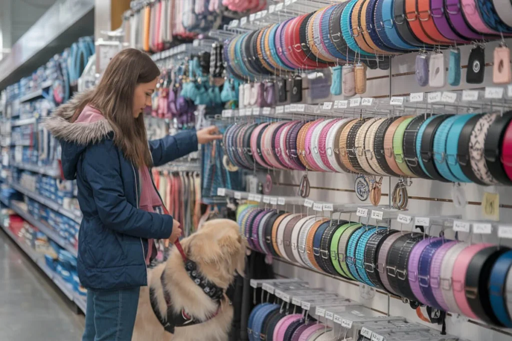  A woman and a golden retriever are shopping for dog collars.