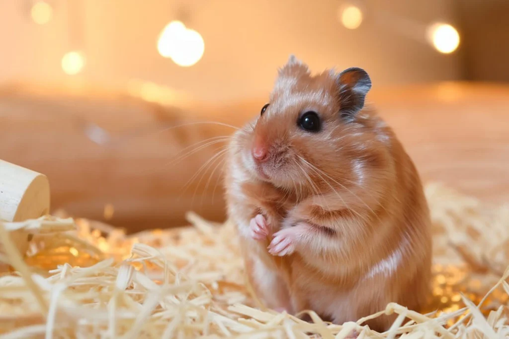 Ginger Syrian hamster sitting and looking up.