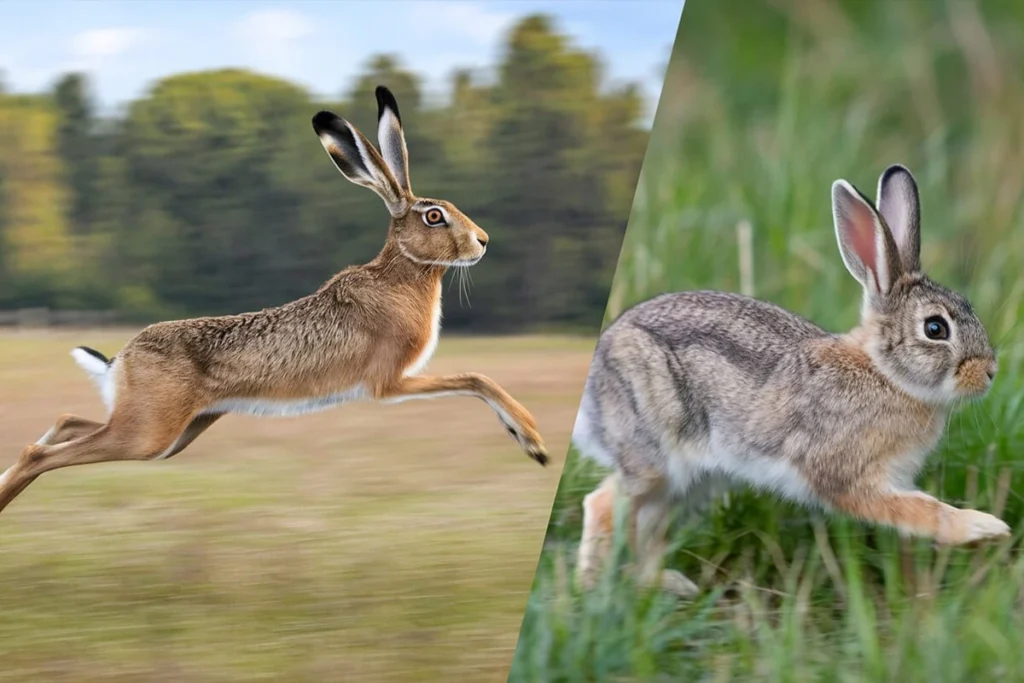 Side-by-side images of a hare and a rabbit running. Hare and Rabbit Speed Comparison: See the difference in leg length and body posture.