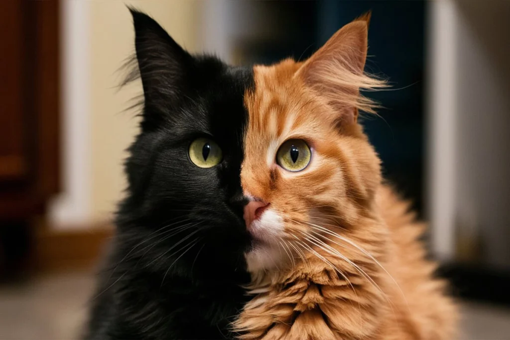 Close-up of a stunning chimera cat with one half of its face black and the other half orange.