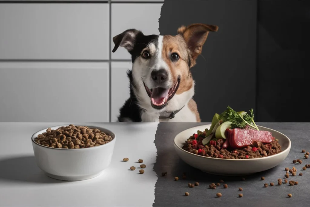  Split image comparing a bowl of dry kibble to a bowl of raw dog food, with a dog in the background.