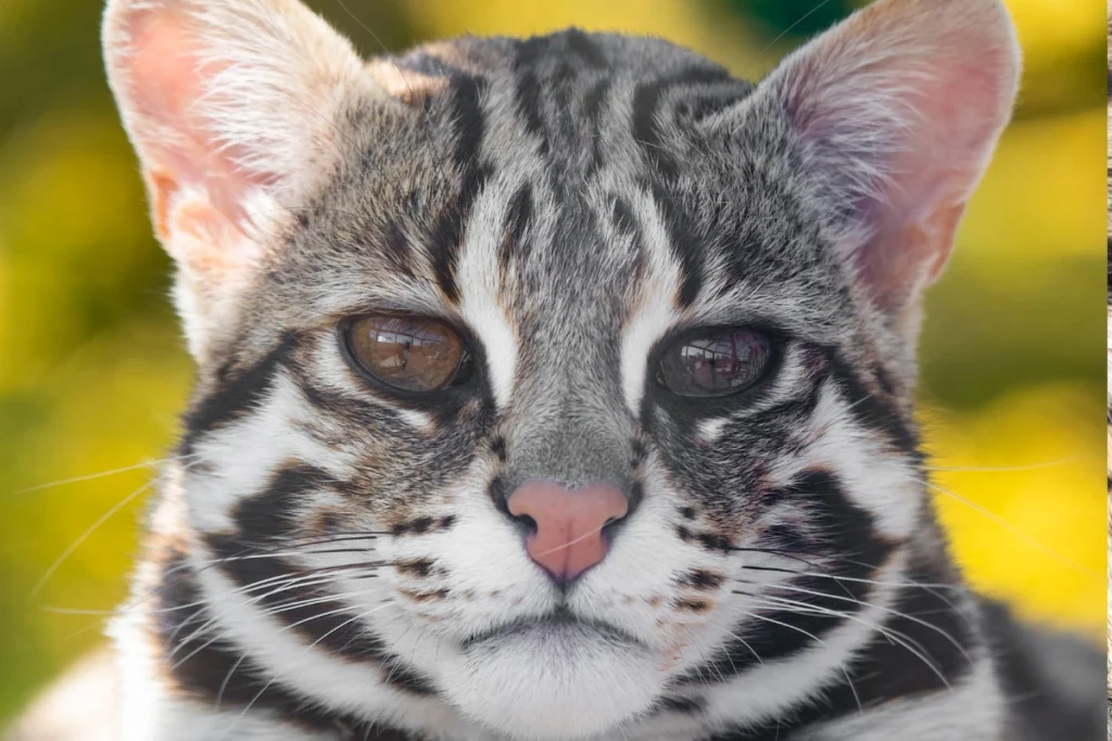 Close-up portrait of an Asian leopard cat with striking eyes.