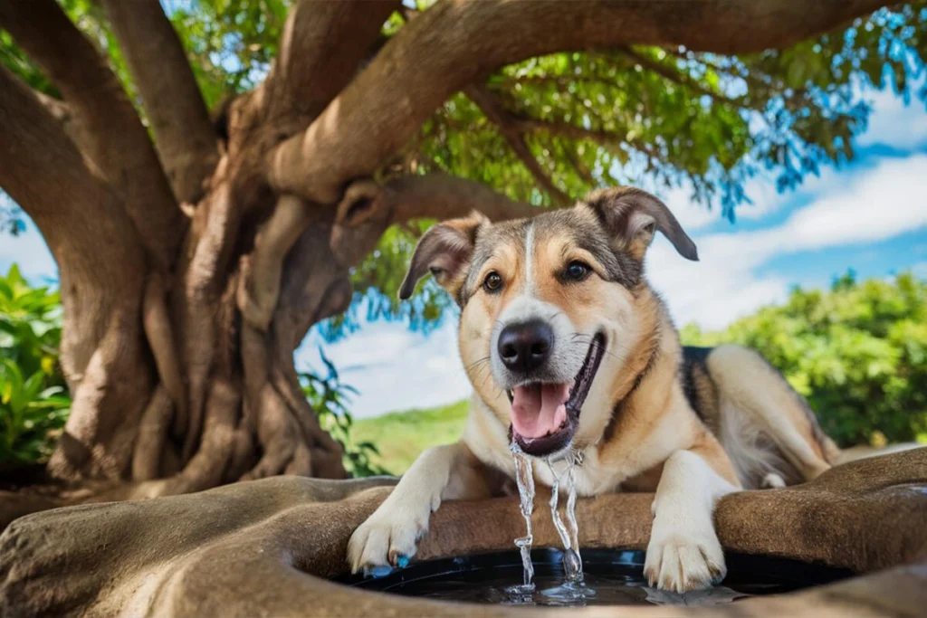 A smiling dog laying near a decorative fountain outside, with water dripping from its mouth.