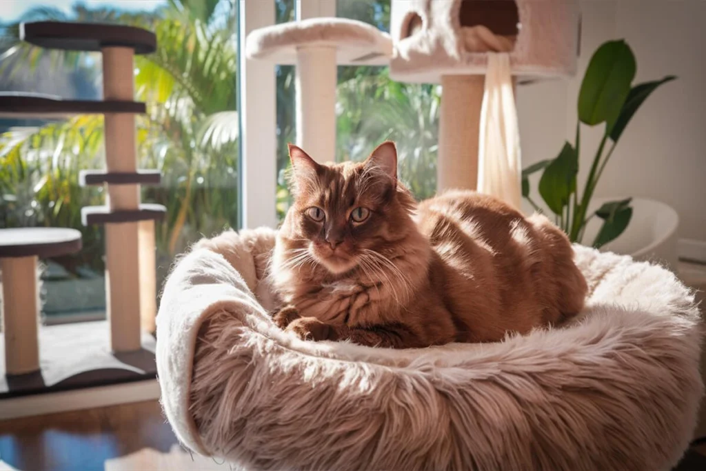 Cinnamon Brown Ragdoll cat lounging on a cat tree.