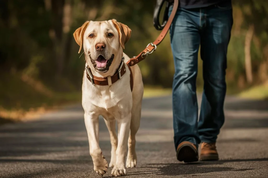  A yellow Labrador Retriever wearing a leather harness and leash walking on a path with a person.