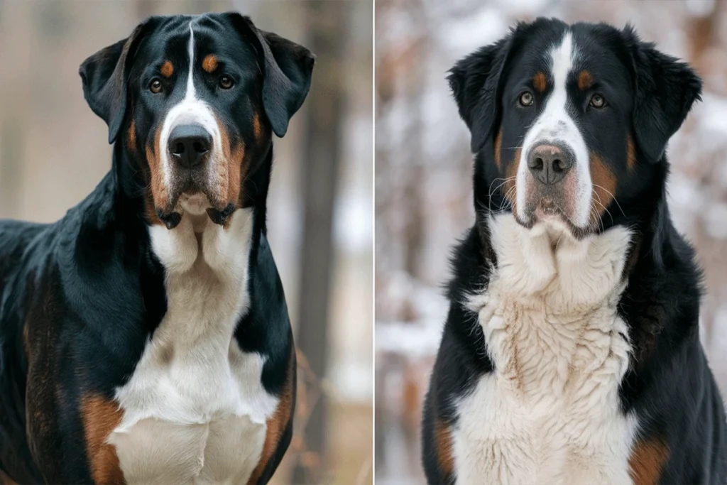 Close-up comparison of the heads of a Greater Swiss Mountain Dog and a Bernese Mountain Dog.