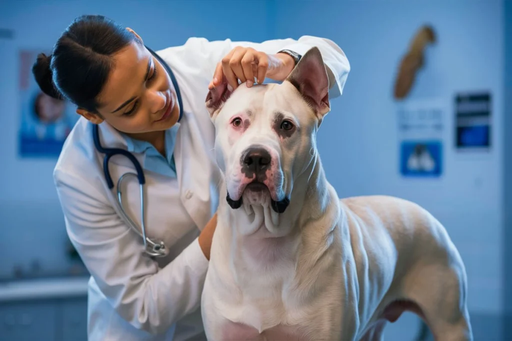 A Dogo Argentino being examined by a veterinarian.