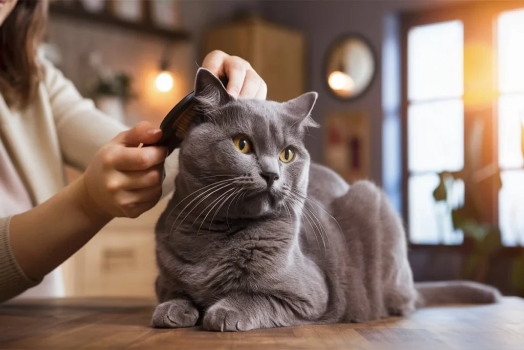 Person brushing & Grooming a Cute Feline