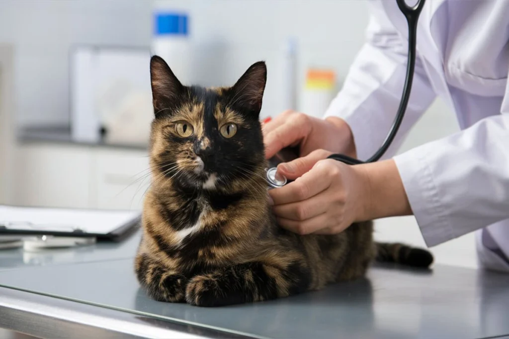 Tortoiseshell cat being examined by a vet with a stethoscope.