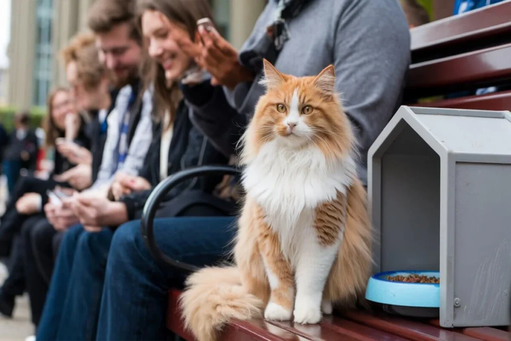 A long-haired orange and white cat sits on a bench next to a group of college students