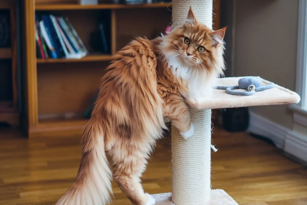 Ginger Maine Coon cat on a cat tree.