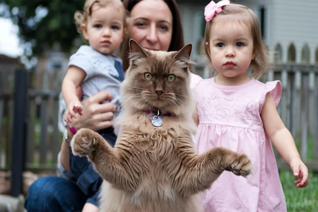 Beautiful Feline Posing with two children and a woman.