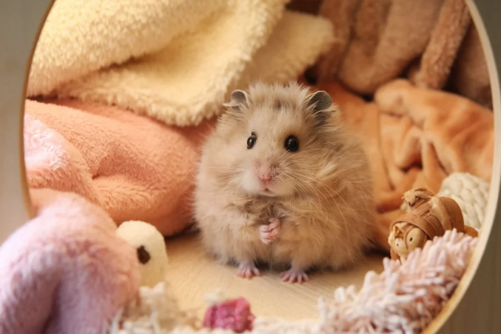 Fluffy, light brown Pet sitting among plush toys and blankets in a round bed.