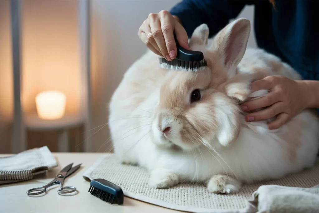 Person grooming a light brown English Angora rabbit.